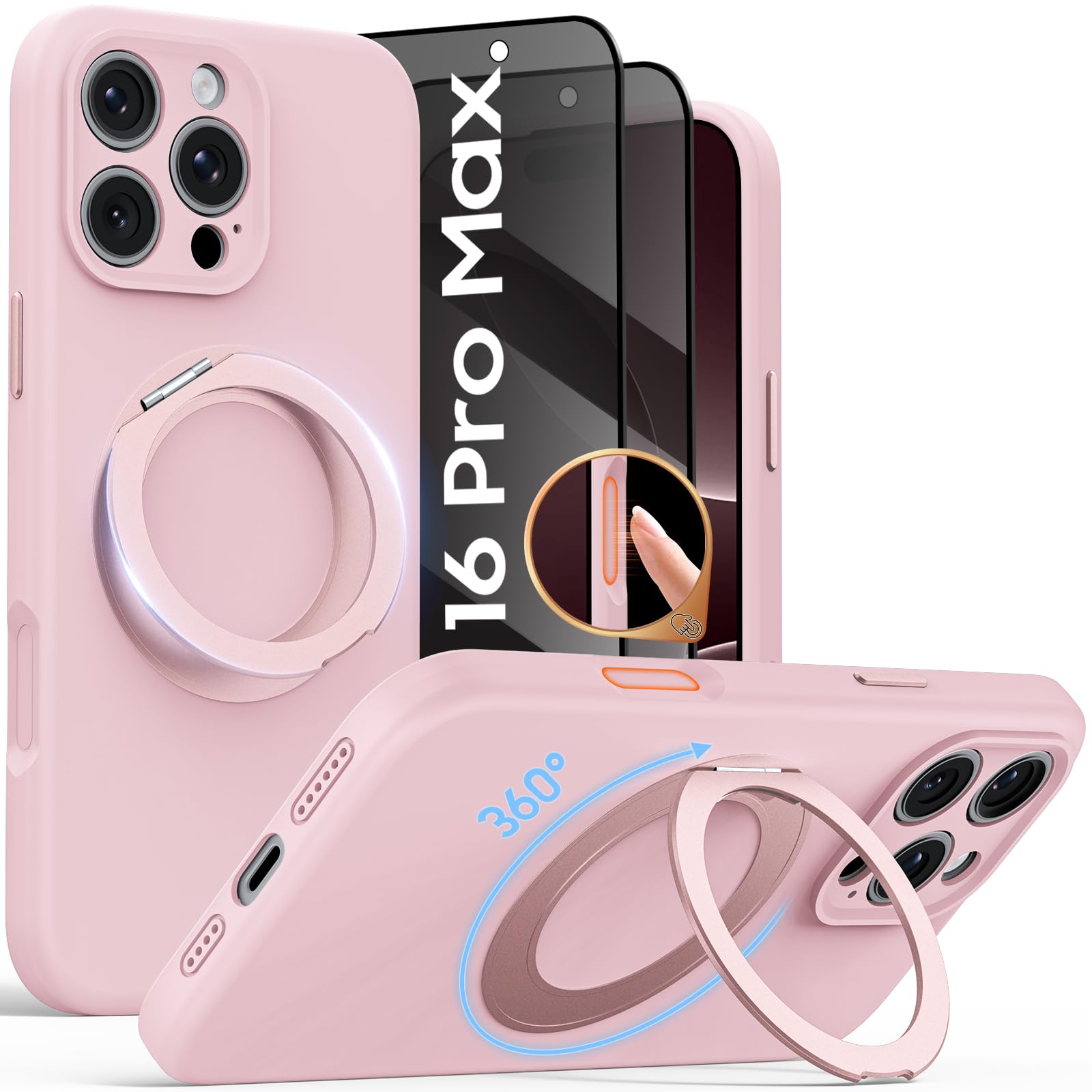 for iPhone 16 Pro Max Case, Spin Stand & Privacy Protector, Pink