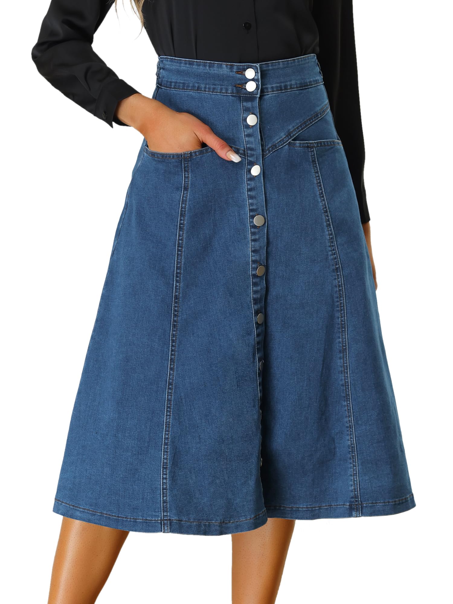 Allegra K Womens' Denim Skirt A Line Button Down Midi Jean Skirts
