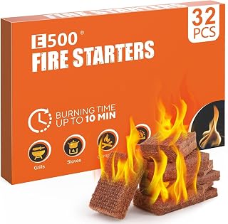 E500 Fire Starter, Waterproof Firestarter Sticks - Easy Fire Ignition | 32 Cubes Mini Natural Charcoal Starter for Campfires, Chimney, BBQ Grill, Fire Pit, Wood Fireplace - Camping Accessories