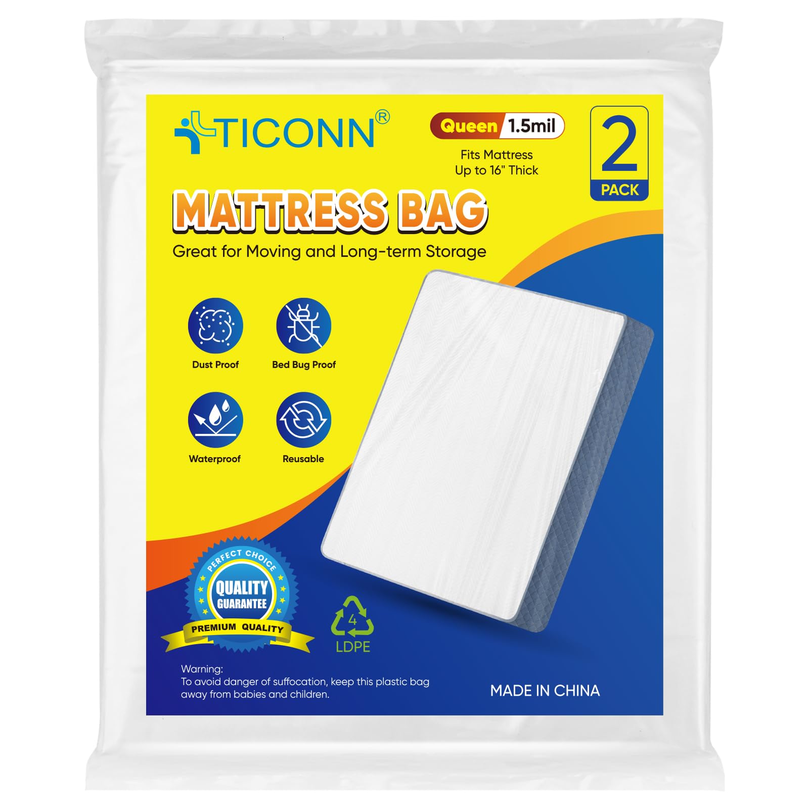 TICONN 2PK Plastic Mattress Bags for Moving, Waterproof Mattress Cover | 1.5 Mil