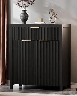 Lulive Fluted Buffet Cabinet for Kitchen, 28.3" Sideboard Cabinet Black | Adjustable Shelves, Quiet Full-Extension Slides, Curved Metal Handle, Coffee Bar with Drawers for Dining Room, Entryway