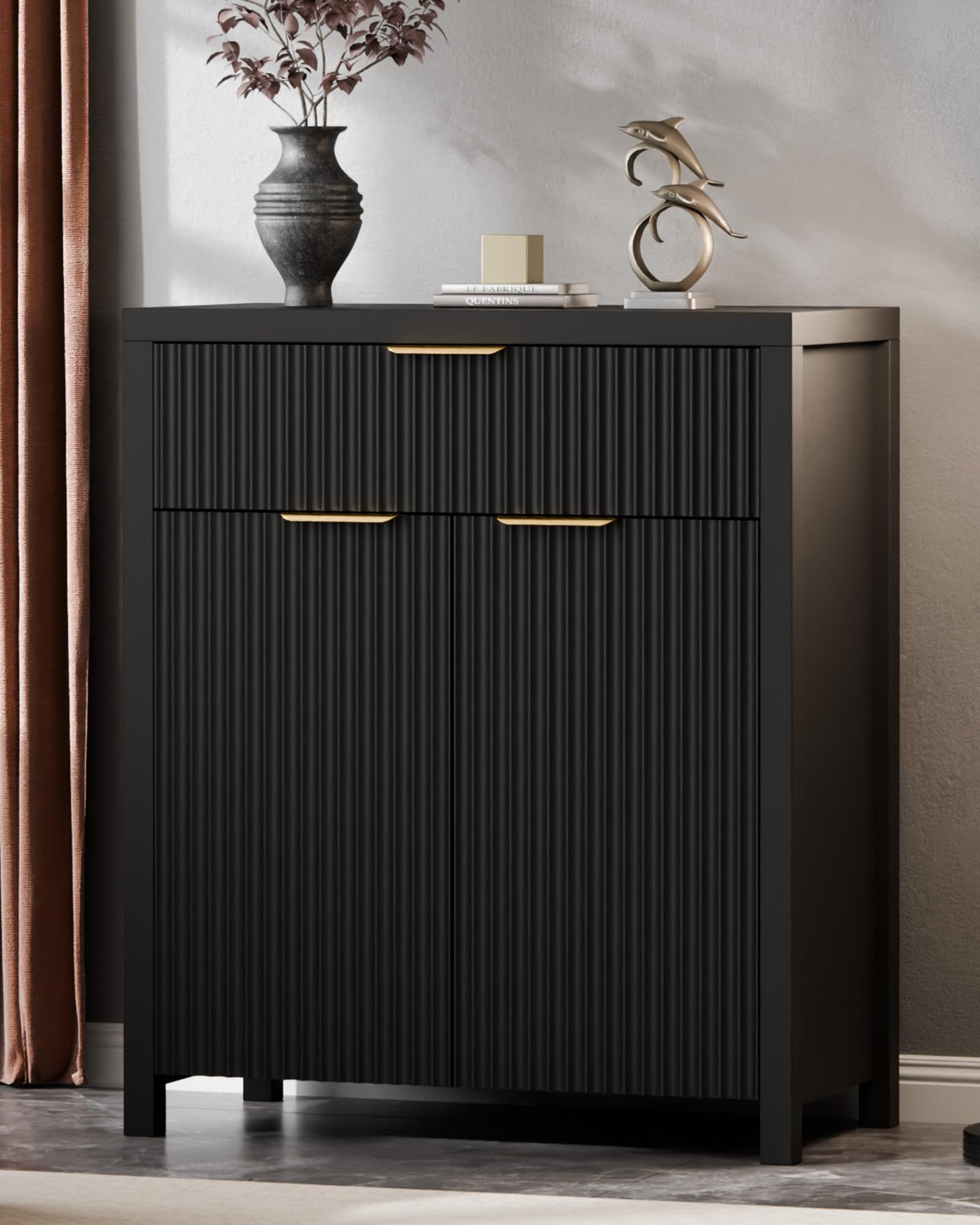 Lulive Fluted Buffet Cabinet for Kitchen, 28.3" Sideboard Cabinet Black | Adjust
