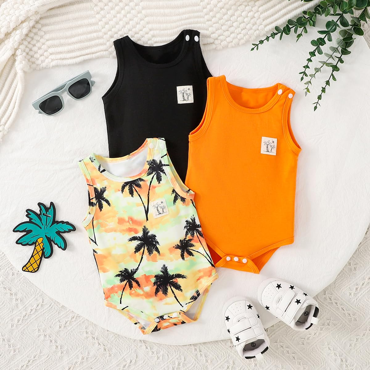 Baby Romper Summer Essentials - 3 Pack Sleeveless Onesie Set Palm Tree Print New
