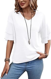 Women Ruffle Sleeve Blouses V Neck Double Tiered Bell Sleeve Spring Autumn Summer Fashion Cute Tunic Tops