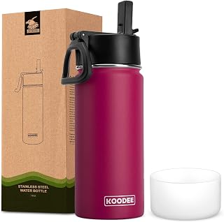 Koodee 16oz Stainless Steel Water Bottle - Double Wall Vacuum Insulated Wide Mouth Water Bottle Reusable with Straw Lid BPA Free (Fuchsia Red)