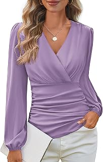 GRACE KARIN 2024 Women's Tops Elegant Wrap V-Neck Blouse Autumn Work Blouse Long Sleeve Casual Ruched