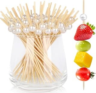 FATLODA 200PCS Cocktail Picks, White Pearl Fancy Toothpicks for Appetizers | 4.7 in Bamboo Skewers, Wood Food Sticks, Drinks, Fruit, Wedding, Bridal Shower, Party Decor, Charcuterie Boards Accessories