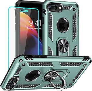 Yiakeng iPhone 8 Plus Case: iPhone 8 Plus Case with HD Screen Protector, Military Grade Protective Case with Ring (Dark Green)