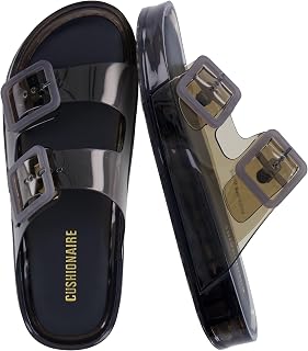 CUSHIONAIRE Pool Slides for Women Water Resistant Double Buckle Adjustable Slip-On Womens Sandals for Beach Shower Casual Wear