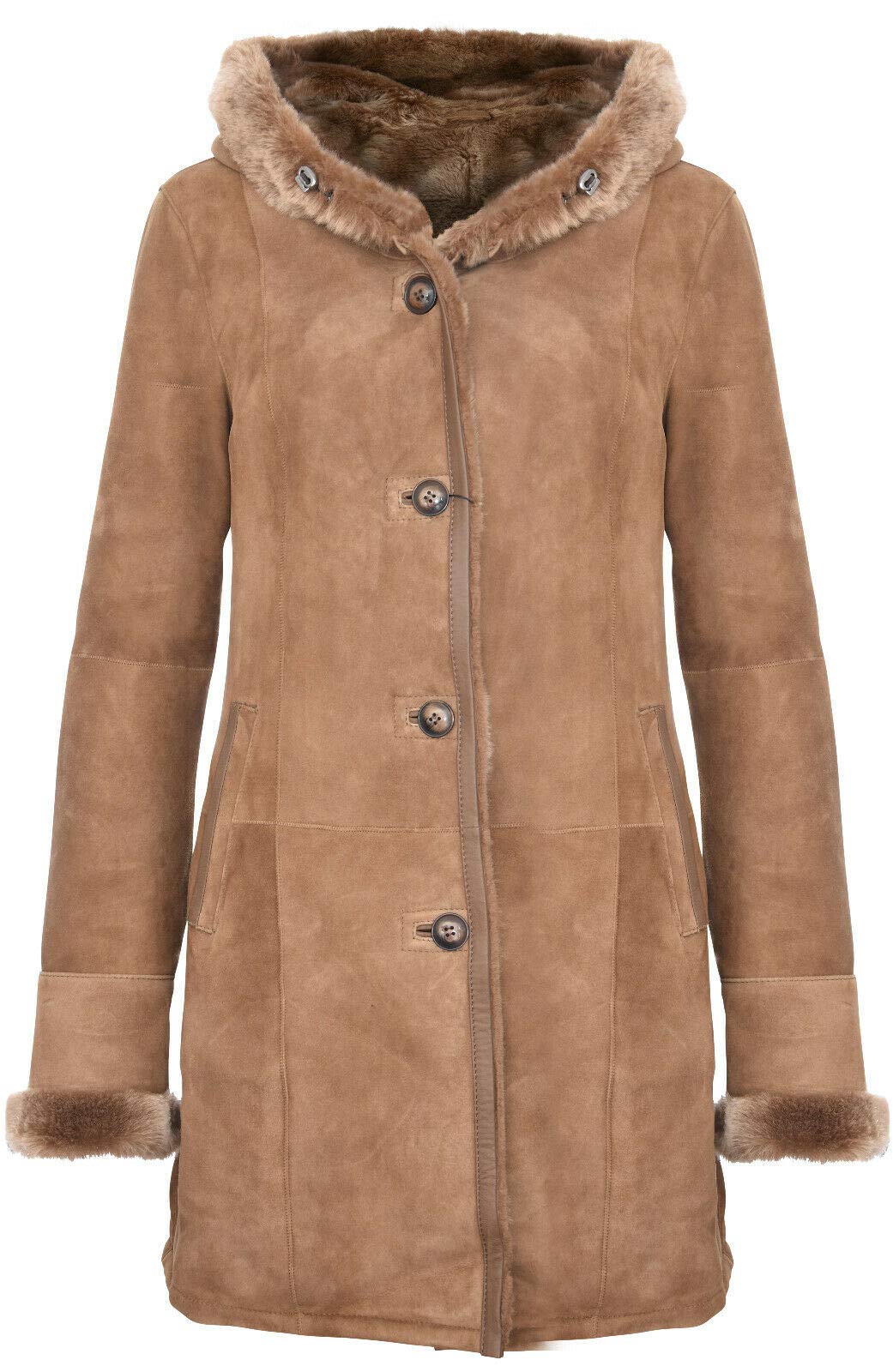 Infinity Leather Women's Elegant Brown Tan Hooded Suede Merino Shearling Sheepsk