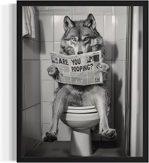Wolf On Toilet Wall Art Print Poster, Bathroom Decorative Poster, Home Print Artwork 9b (Wolf On Toilet, 16x20 Inch, Black Frame)