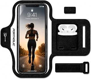 PORTHOLIC Running Armband Phone Holder with Earphone Pouch Fits up to 6.9" | Cell Phone Arm Bands for Runners Workout with Card Slot & Extension Strap for iPhone 17/16/15/14/13 Plus Air Pro Max XR/XS