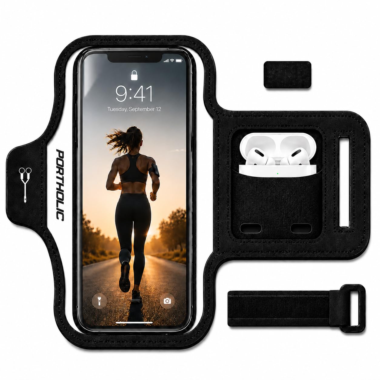 PORTHOLIC Running Armband Phone Holder with Earphone Pouch Fits up to 6.9" | Cel