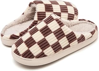 Guyarns House Slippers Women Men Winter Memory Checked Memory Foam Slippers with Non-Slip Sole Bedroom for Indoor Outdoor