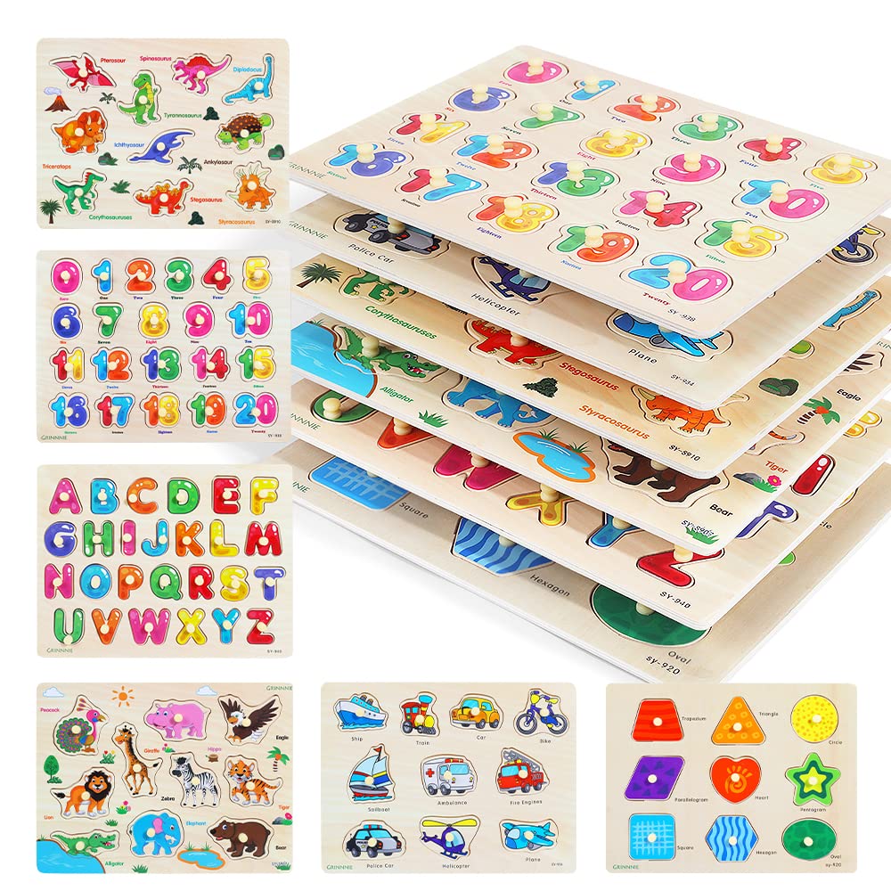 GRINNNIE Wooden Peg Puzzle for Toddlers, 6 Pack Toddler Puzzles Set for 3 4 5 Ye