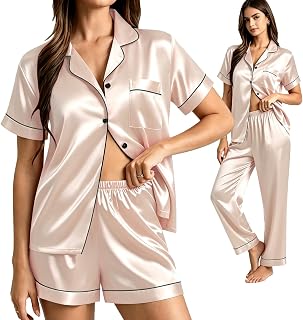 SWOMOG Womens Satin Pyjama Sets Ladies Silk Nightwear 3 Piece Short Sleeve Pj Button Down Sleepwear Set