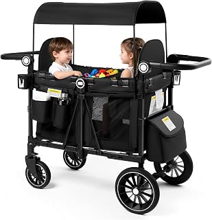 Kinder King Wagon Stroller for 2 Kids, Shock-Absorbing Wheel, Black | All-Terrain 2 Seater Foldable Outdoor Stroller Wagon, Adjustable Handle, Removable Canopy, Detachable Tray, Large Storage
