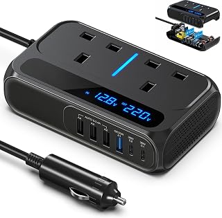 8 in 1 Car Power Inverter 240W 12V to 240V, 2 UK Sockets and 6 USB Ports | DC to AC Converter, Cigarette Lighter Plug Adapter to 3 Pin Plug, USB PD QC Fast Charging for Laptop Phone Camping Road Trip