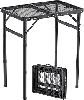 Anbte 2 ft Folding Grill Table, Aluminum Camping Table 3 Heights Max 27.5" | Small Outdoor Table with Portable Handle, Lightweight, 66 lb Capacity, for Travel Cooking BBQ Tailgating, 22.8" x 16", Black
