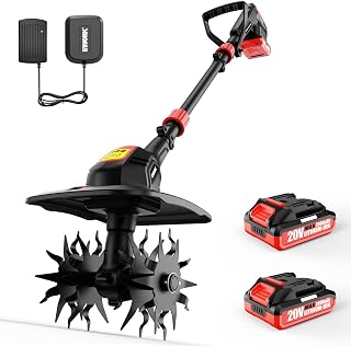 EWORK 20V Cordless Tiller Cultivator, Electric Hand Tiller for Gardening | Mini Rototiller 2 x 2.0Ah Batteries & Fast Charger, Lightweight Handheld Tiller for Backyard Lawn Garden Weeding