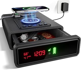 ORARAER Biometric Smart Gun Safe with Wireless Charging, 3 Quick Access Money Box with Fingerprint - Compact Bedside Drawer Safe, 24/7 Digital Clock Wall safe,Gifts for Men