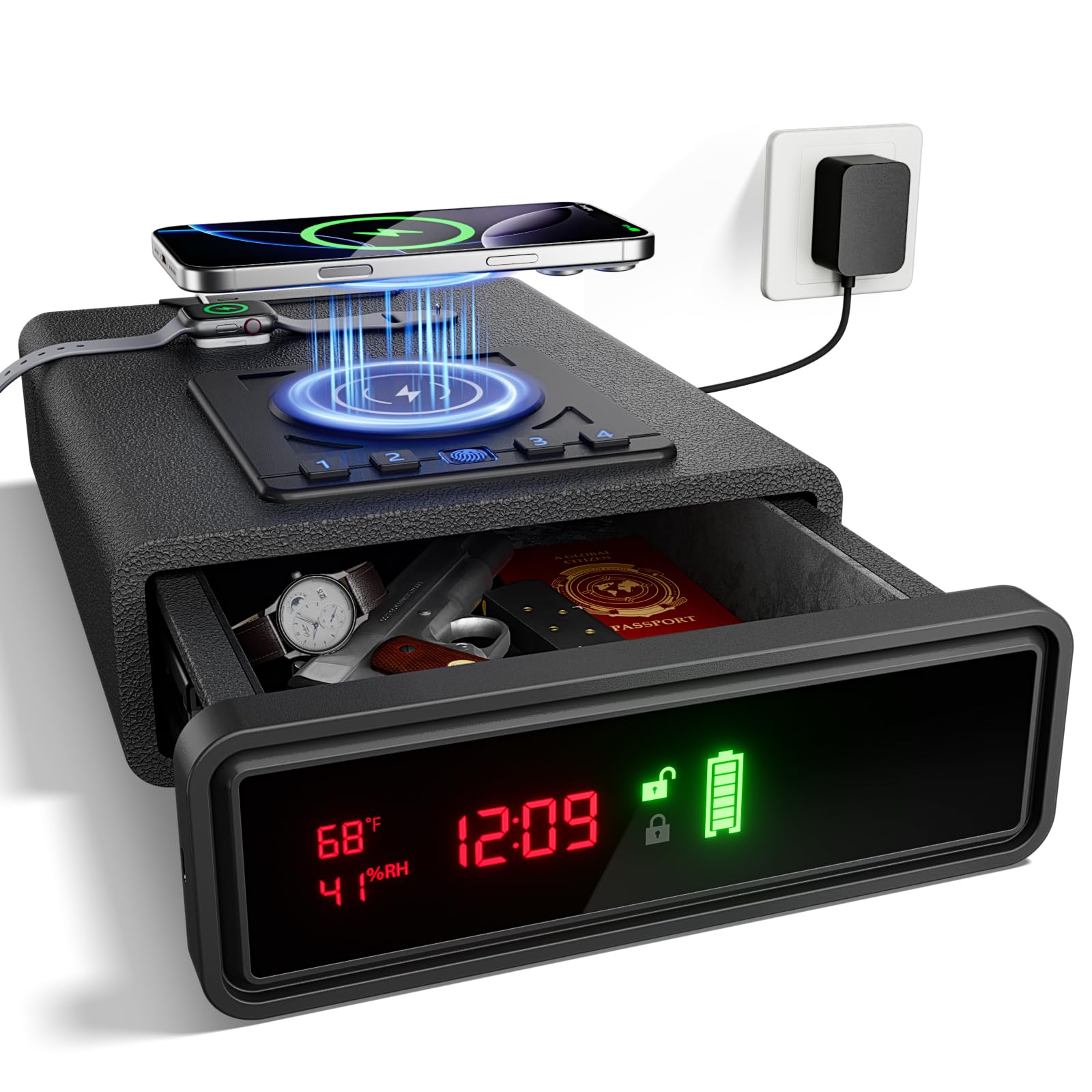 ORARAER Biometric Smart Gun Safe with Wireless Charging, 3 Quick Access Money Bo