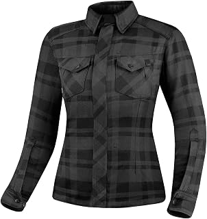SHIMA RENEGADE LADY 2 Motorcycle Shirt for Women Armored Plaid Biker Flannel Jacket with Kevlar by DuPont layer, CE Back, Shoulder, Elbow Protectors, Zipper Closure (Black, L)