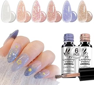 Lavender Violets 6pcs Jelly Glitter Gel Nail Polish Set Milky White, Pink, Light Blue, Purple Neutral Colors Long Lasting for Natural Nail Art Design Manicure C205