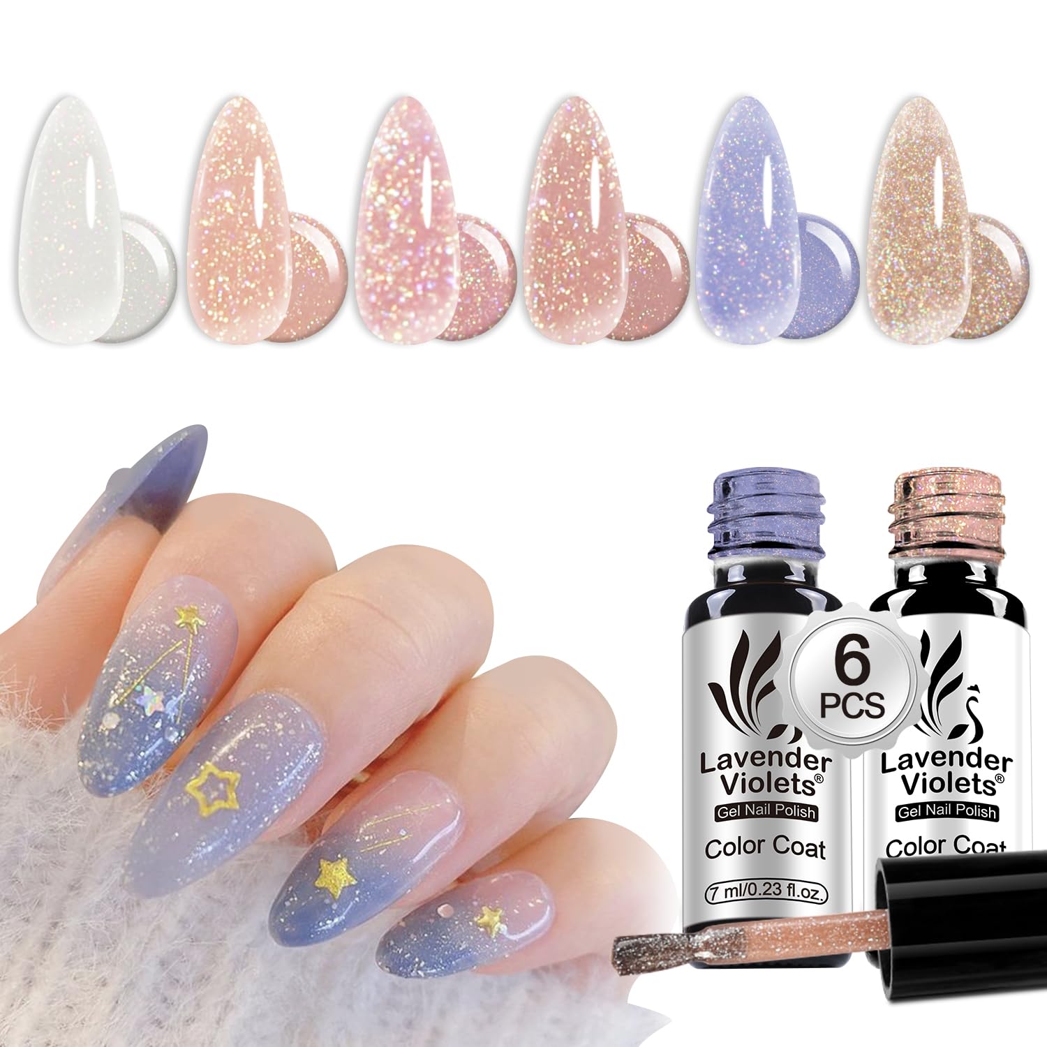 Lavender Violets 6pcs Jelly Glitter Gel Nail Polish Set Milky White, Pink, Light