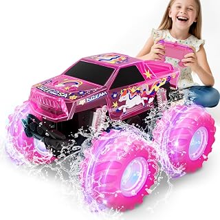 Drefirsa Pink Waterproof Monster Truck, Unicorn Remote Control Car for Girl | 1 : 24 All Terrain Girl RC Truck, Colorful Light, Amphibious, Unicorn Toy Car for 6 7 8 9 10 11 Year Girl Birthday Gift