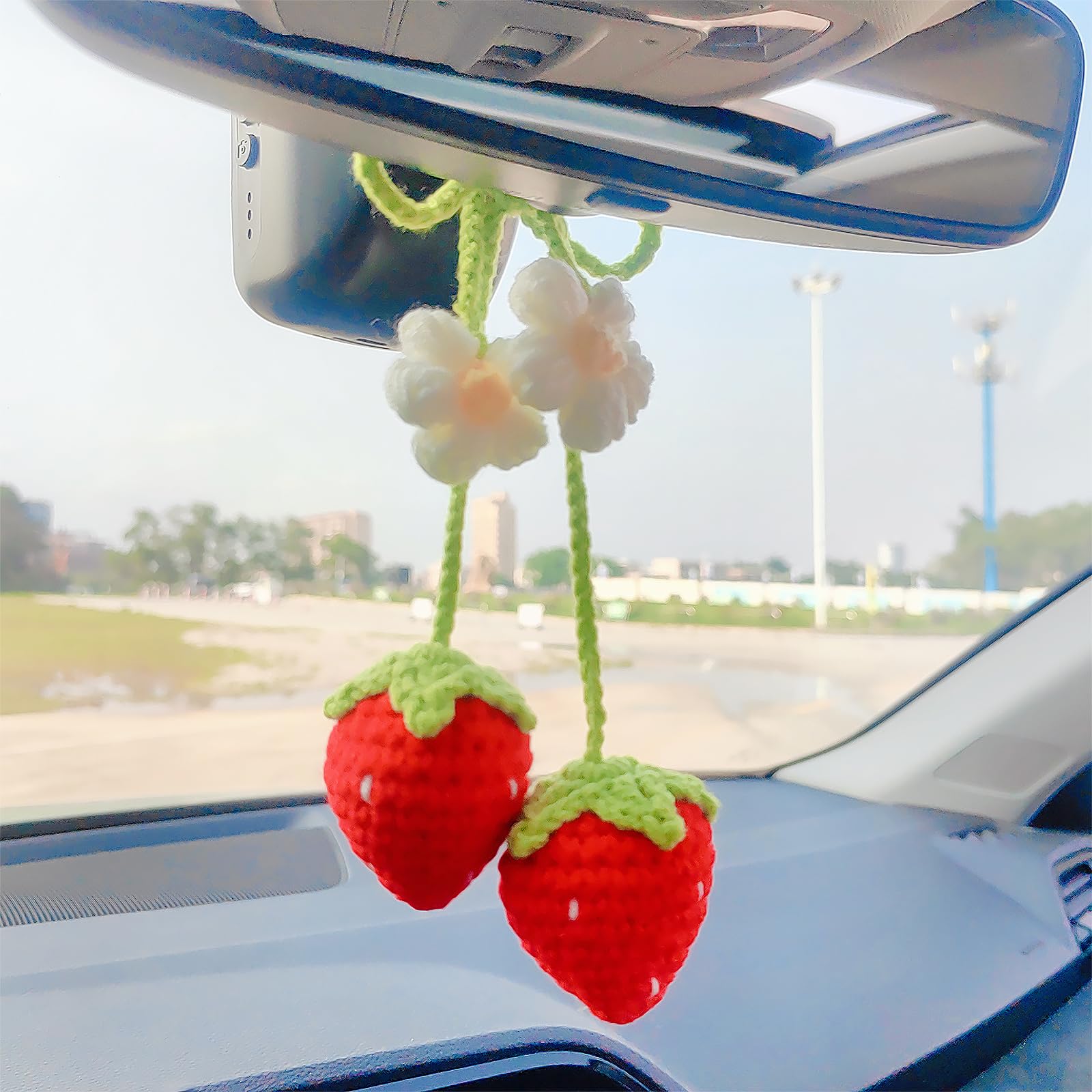 Crochet Strawberry Rear View Mirror Hanging Accessory, Flower Car Interior Ornam
