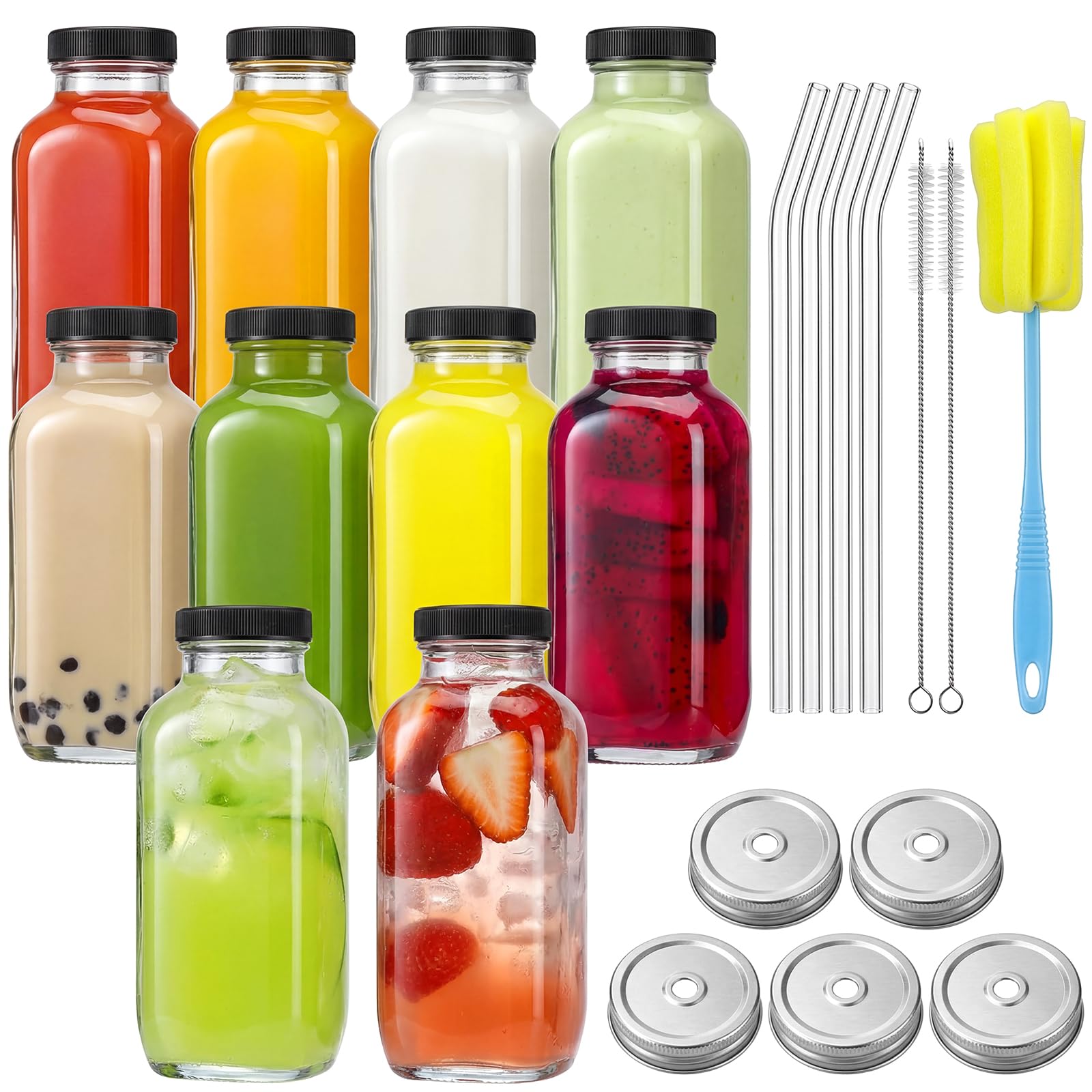 CUCUMI 10pcs 16oz Glass Juice Bottles with Lids | Reusable Juice Containers Drin
