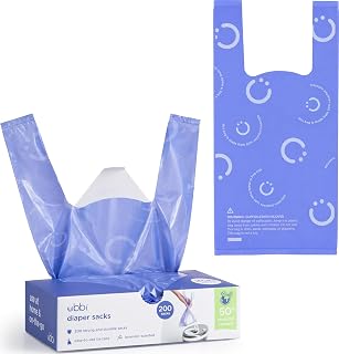 Ubbi Disposable Baby Diaper Sacks, Lavender Scented, 200 Count | Easy-To-Tie Tabs, Made from 50% Recycled Material, Disposable On-The-Go Bags, Diaper Bag and Travel Essential