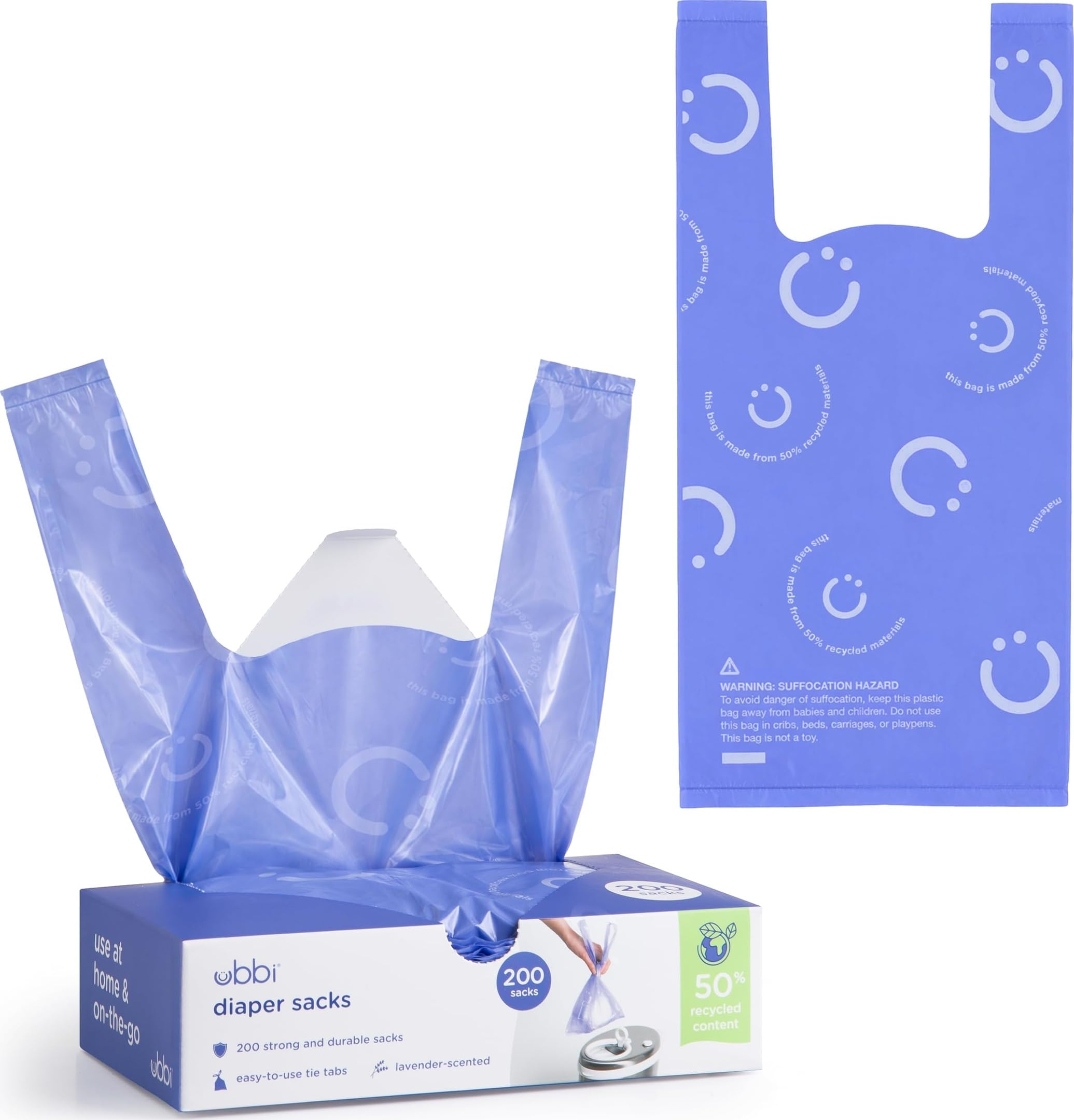 Ubbi Disposable Baby Diaper Sacks, Lavender Scented, 200 Count | Easy-To-Tie Tab