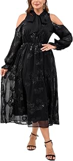 EYWOL Plus Size Cold Shoulder Tie Neck Sequin Embroidery Cocktail Dress