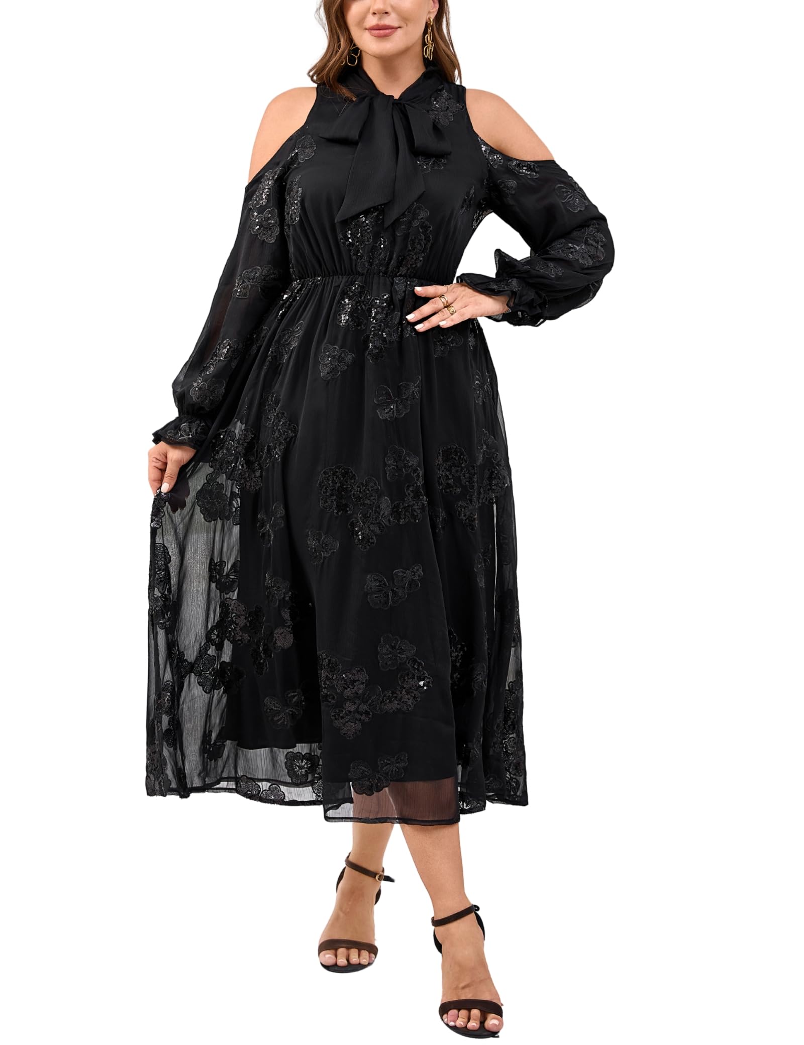 EYWOL Plus Size Cold Shoulder Tie Neck Sequin Embroidery Cocktail Dress