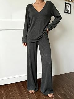 Womens Lounge Set Matching 2 Piece Long Sleeve V Neck Wide Leg Pants Casual Home Wear