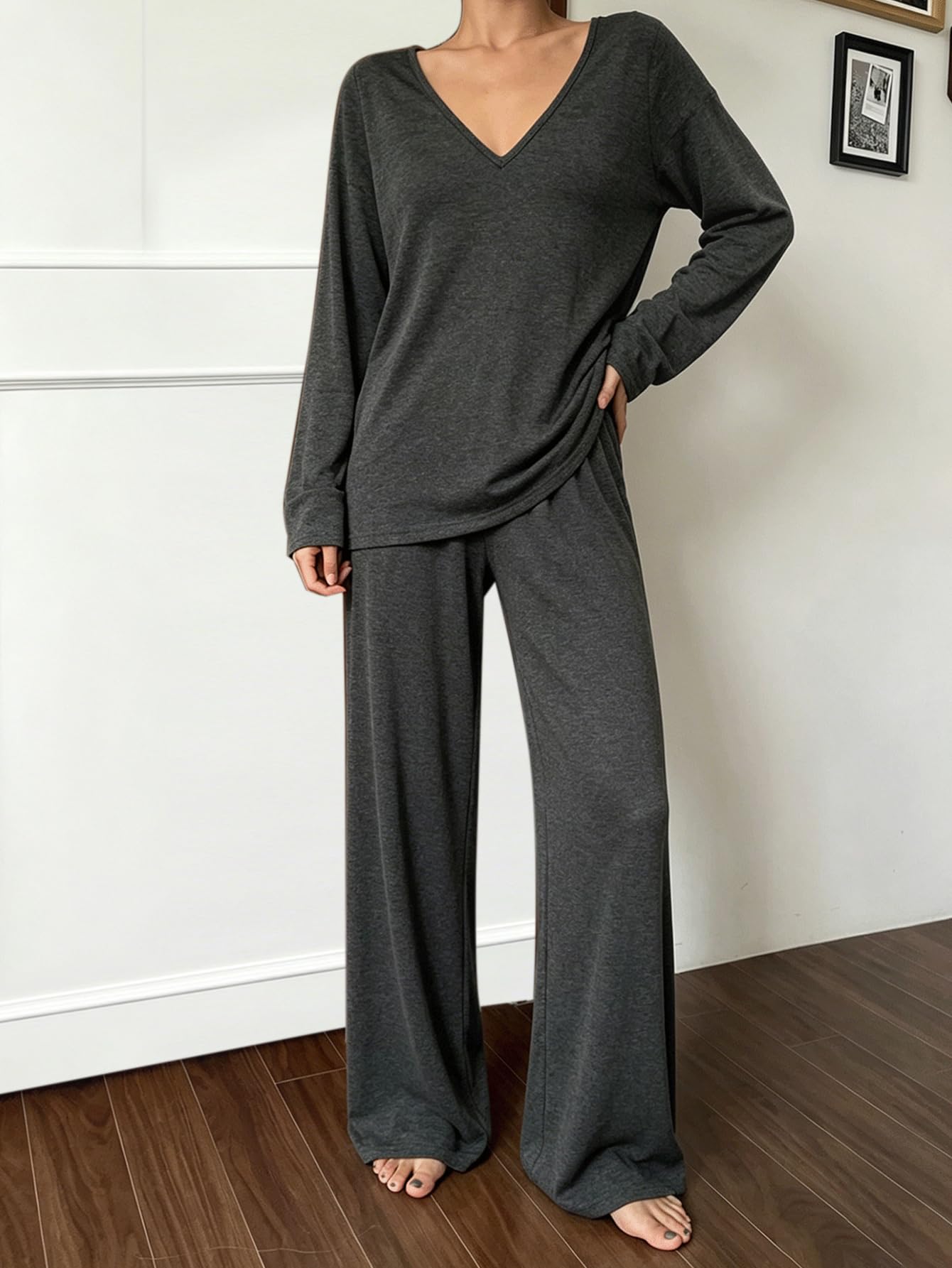 Womens Lounge Set Matching 2 Piece Long Sleeve V Neck Wide Leg Pants Casual Home