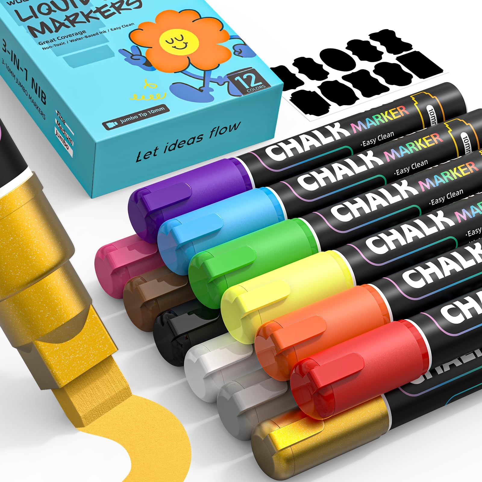 WUO 12 Colors Chalk Markers for Windows Glass, Washable Jumbo liquid chalk marke