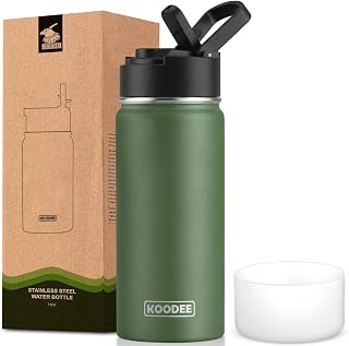 Koodee 16oz Stainless Steel Water Bottle Double Wall Vacuum Insulated Wide Mouth Water Bottle with Leakproof Straw Lid