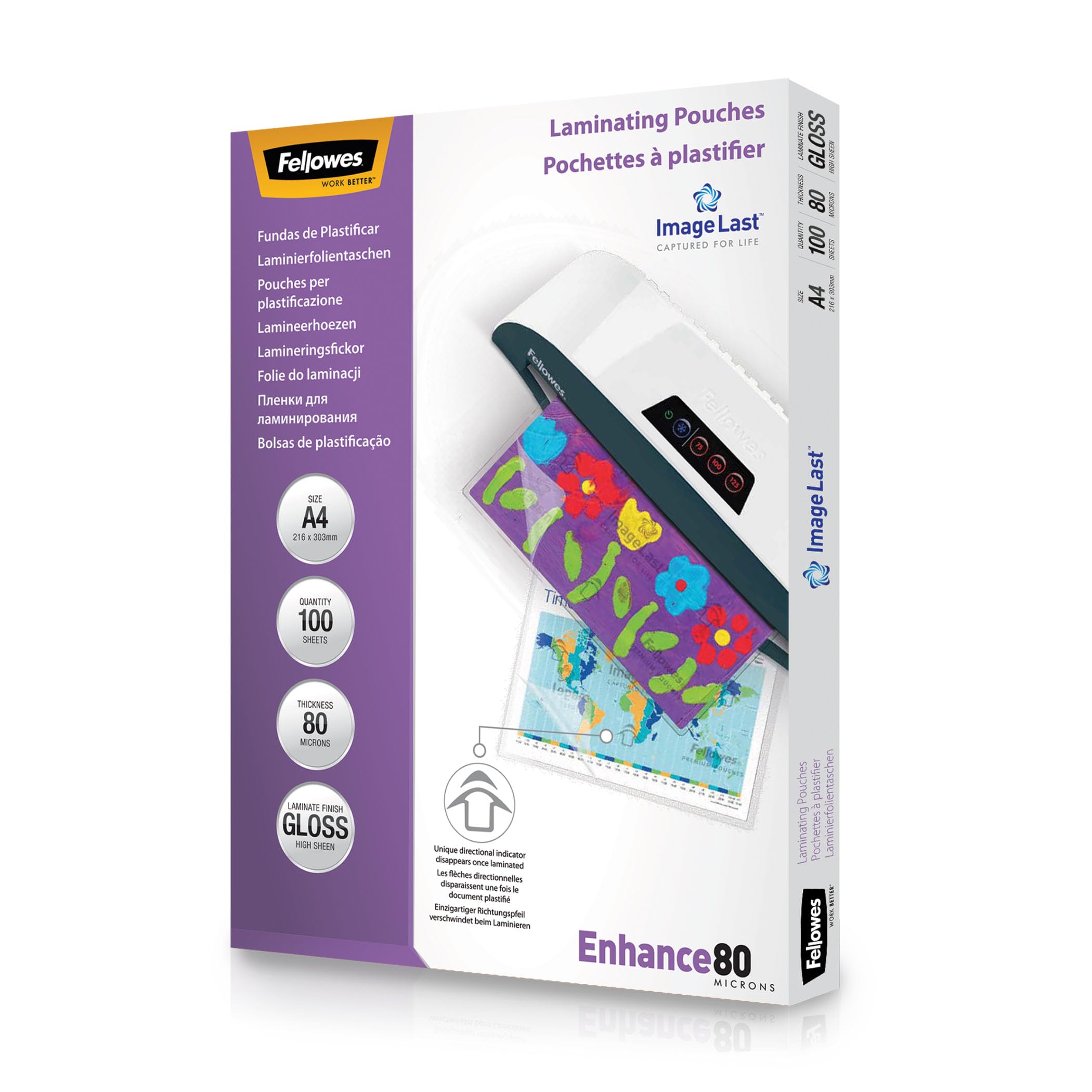 Fellowes Pack of 100 A4 Gloss Laminating Pouches A4 80 Micron with ImageLast Dir