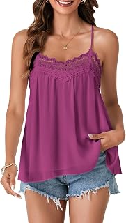 Vrtige Women's Spaghetti Strap Sleeveless Lace Trim Loose Casual Flowy Cami Tank Top