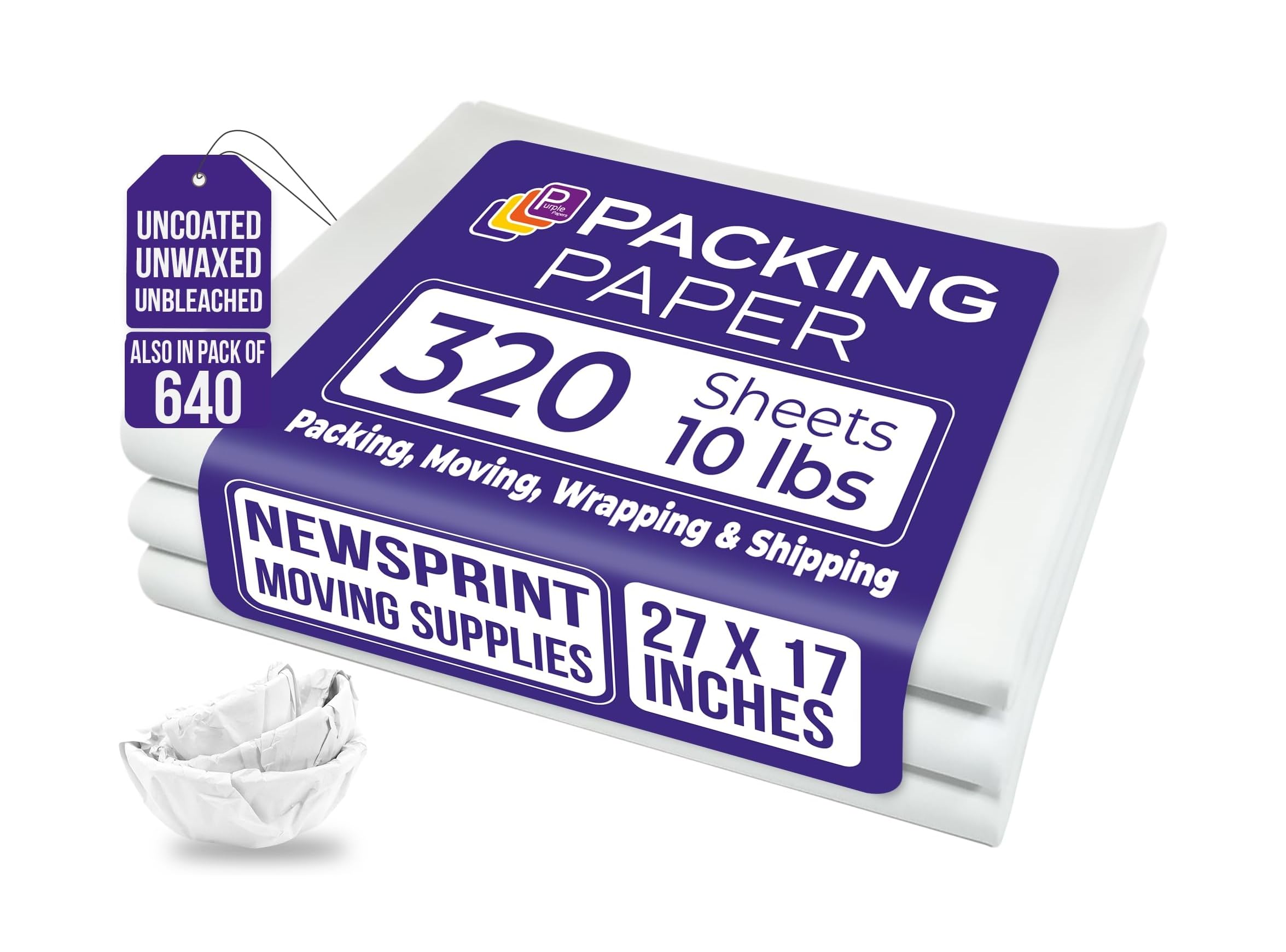 Purple Papers White Bulk Packing Paper | 320 sheets | 27" x 17" | 10 lb | Sheets