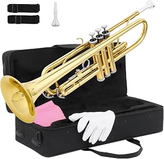 Ktaxon Bb Standard Trumpet for Beginners, Student Trumpet Trompeta Set | Full Equipment with Hard Case, 7C Mouthpiece, Cleaning Cloth, Gloves, Brass Instruments for Kids and Adults (Gold)