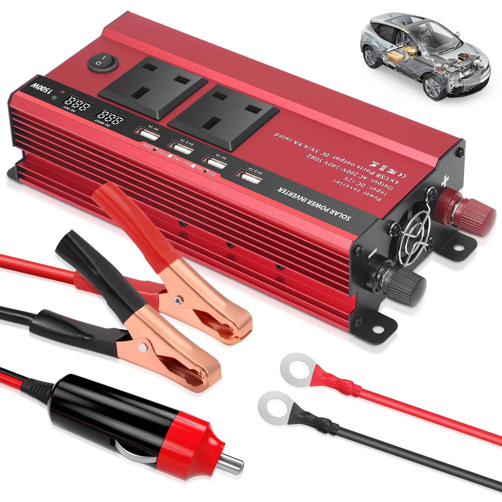 1500w Inverter 12v to 240v,Aluminum Car Power Inverter DC 12v to AC 240v with 2 