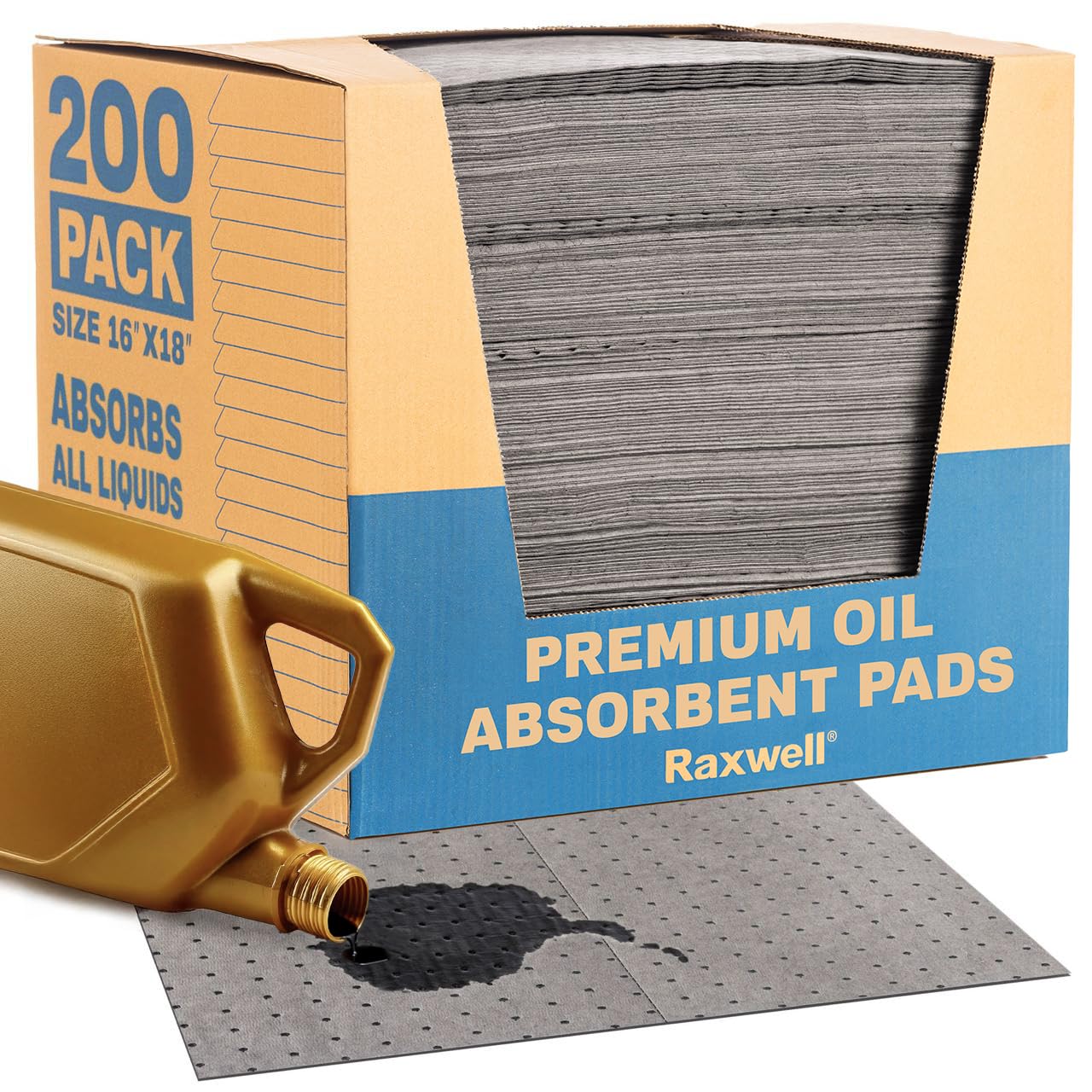 Raxwell Oil Absorbent Pads 200 Pack – 16” x 18” Heavy-Duty Spill Pads, 8-Layer P