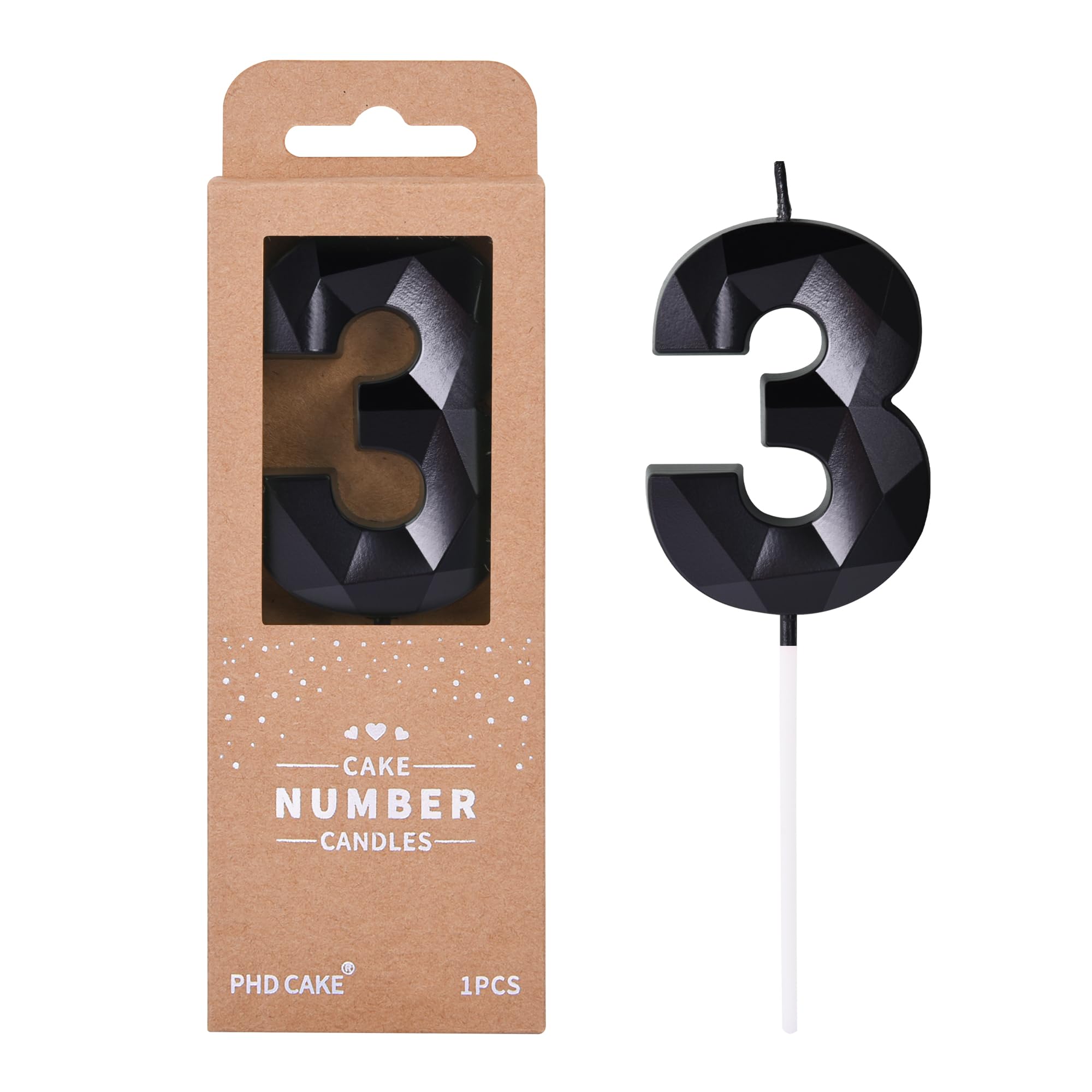 PHD CAKE 2.76 Inch Crystal Black 3 Number Birthday Candles, Red Number Candles, 