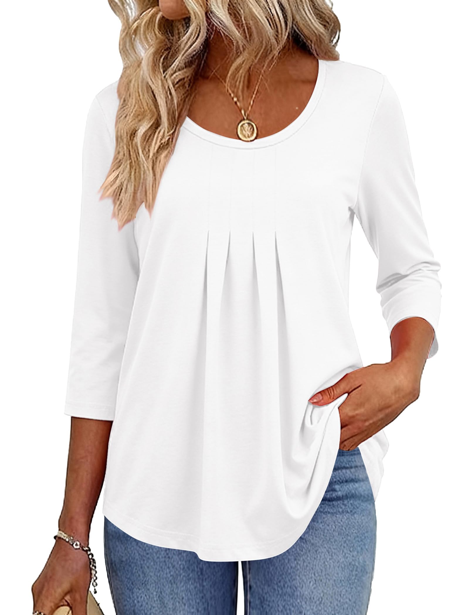 Zeagoo 3/4 Sleeve Tops Women Blouses Crew Neck Shirts Casual Pleated Work Dresse