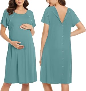 Ekouaer Ladies Nursing Nightgown for Nursing/Delivery/Work/Hospital Nightgown Short Sleeve Maternity Nightgown with Button S-XXL