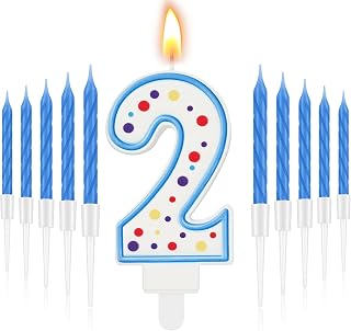 MTLEE Blue Number 2 Birthday Candle with 10 Long Thin Cupcake Candle Happy Birthday Cake Topper Boy Girl for Cakes Sweet Dots Party